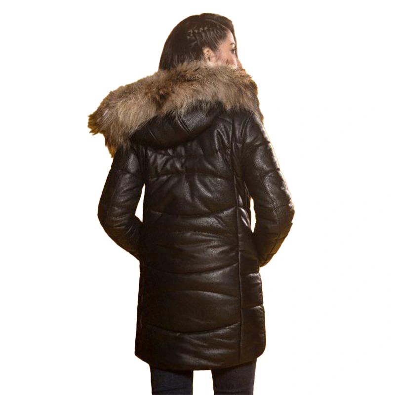 Women's Puffer Hooded Black Leather Jacket