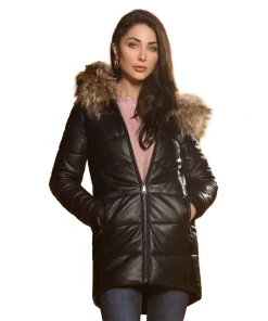 Puffer Hooded Women's Leather Jacket