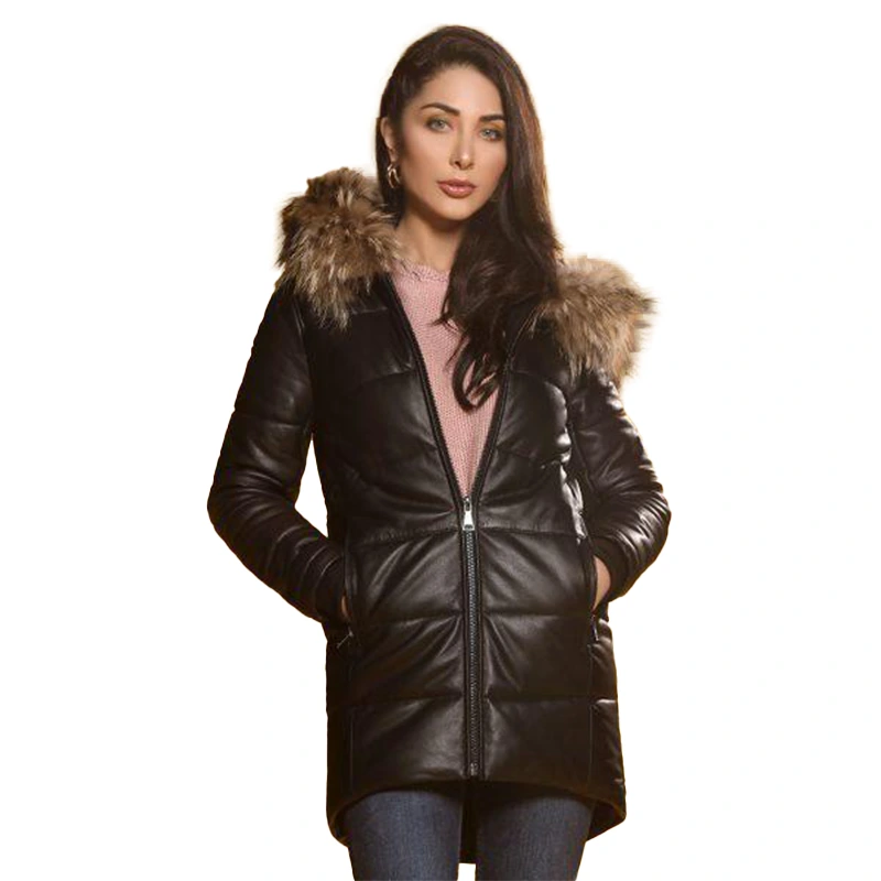 Puffer Hooded Women's Leather Jacket