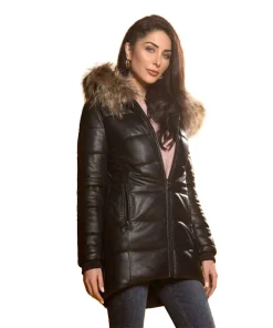 Women's Puffer Hooded Leather Jacket