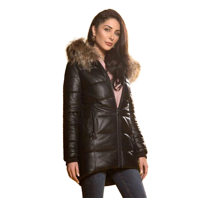 Women's Puffer Hooded Leather Jacket