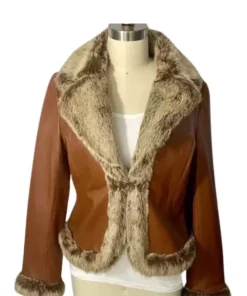 Sheep Skin Fur Trim Collar Brown Leather Jacket