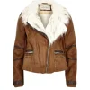 Suede Leather Diagonal Zipped Jacket With Soft Fox Fur Collar