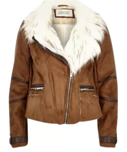 Suede Leather Diagonal Zipped Jacket With Soft Fox Fur Collar