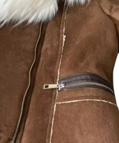 Women's Suede Leather Diagonal Zipped Jacket With Soft Fox Fur Collar