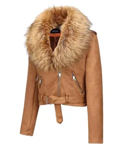 Warm Suede Leather Camel-Colored Jacket with Detachable Fur Collar