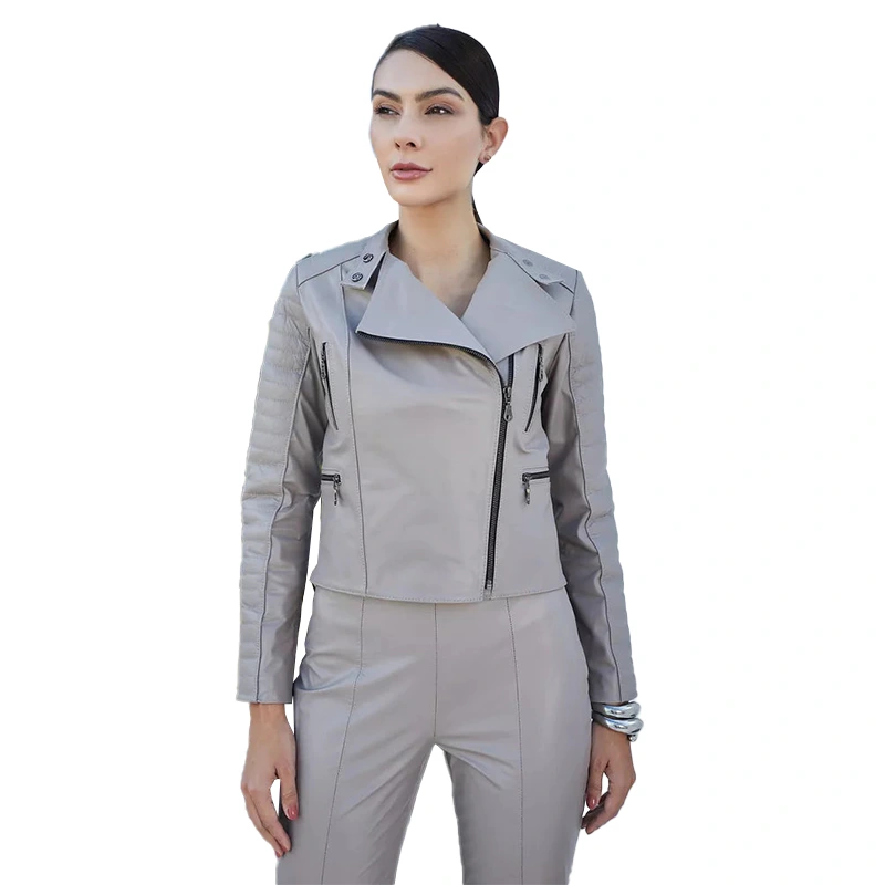 Biker Women's Leather Grey Jacket