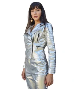 Silver Shimmering Faux Women's Leather Jacket