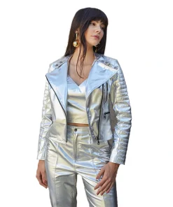 Women's Silver Faux Leather Jacket
