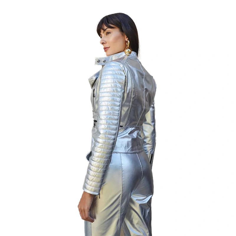 Women's Silver Shimmering Faux Leather Jacket