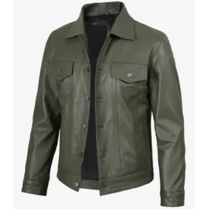 Alternative view of Men’s Four Pockets Olive Green Trucker Leather Jacket
