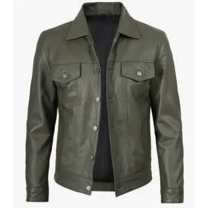 Men’s Four Pockets Olive Green Trucker Leather Jacket