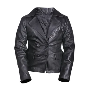 Women's Double-Breasted Black Leather Blazer