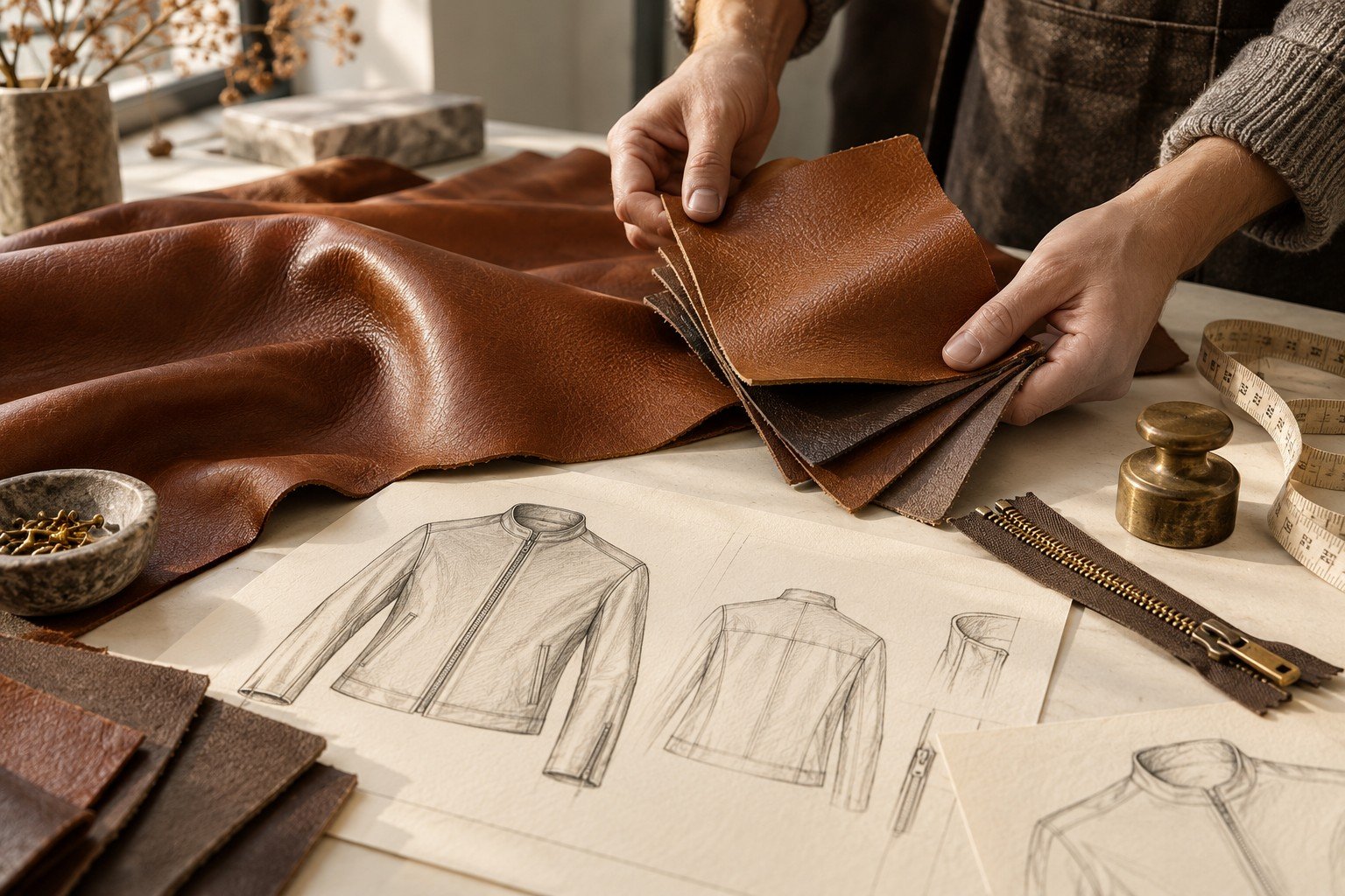 Leather swatches and jacket sketches on a bespoke design workbench