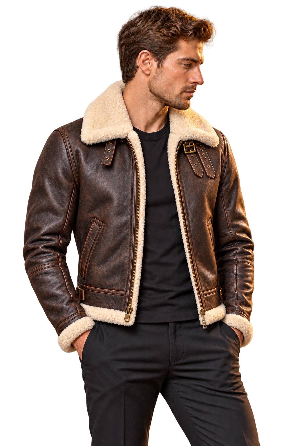 Man wearing shearling aviator