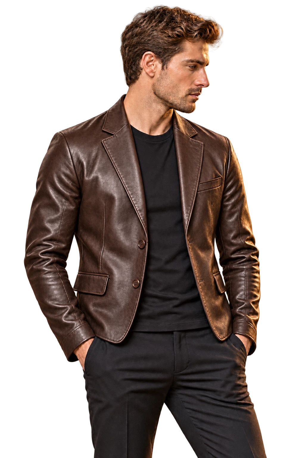 Man wearing leather blazer