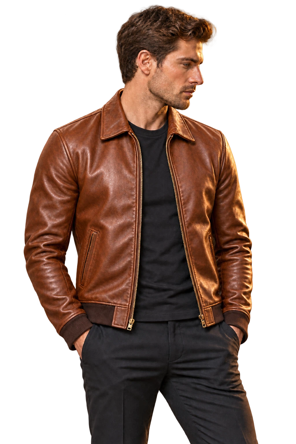 Man wearing cognac bomber