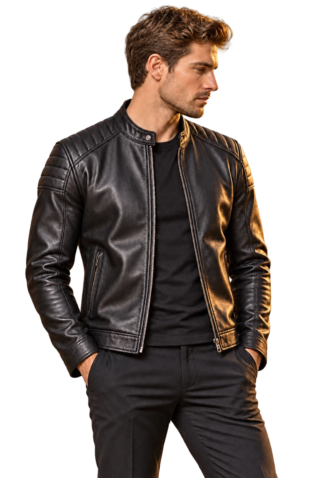 Model in a black leather café racer, relaxed side-profile pose