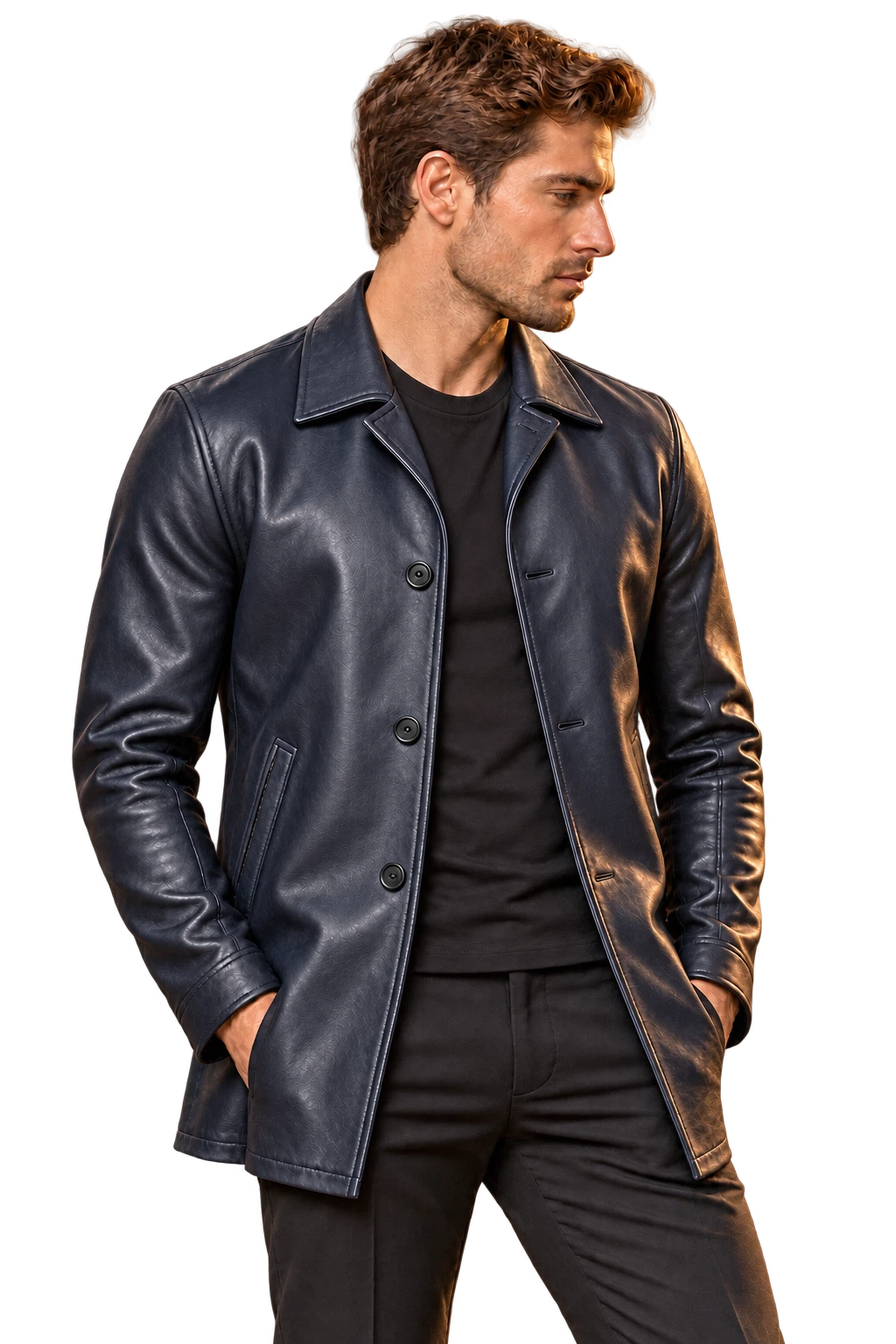 Man wearing the leather car coat