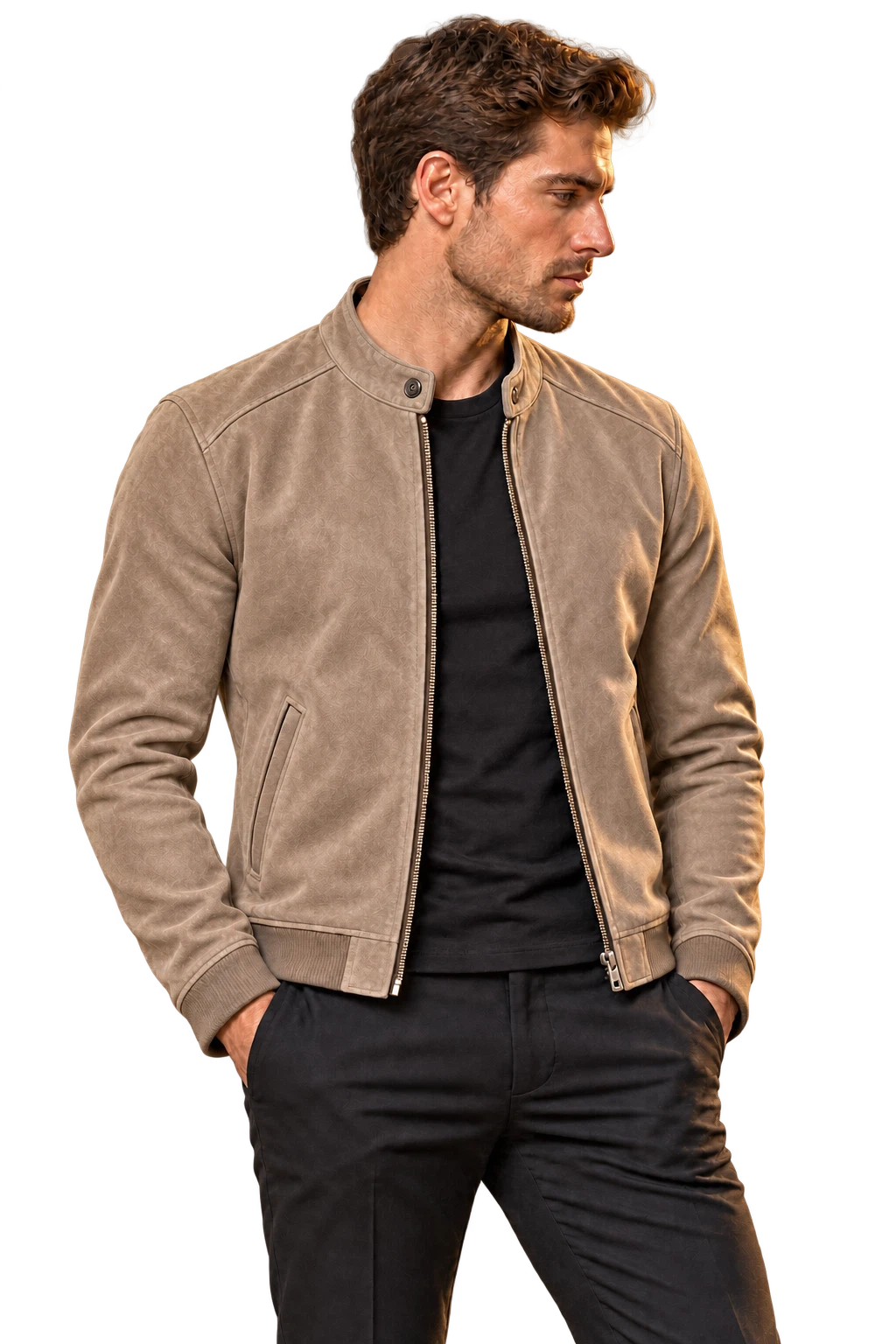 Man wearing suede harrington