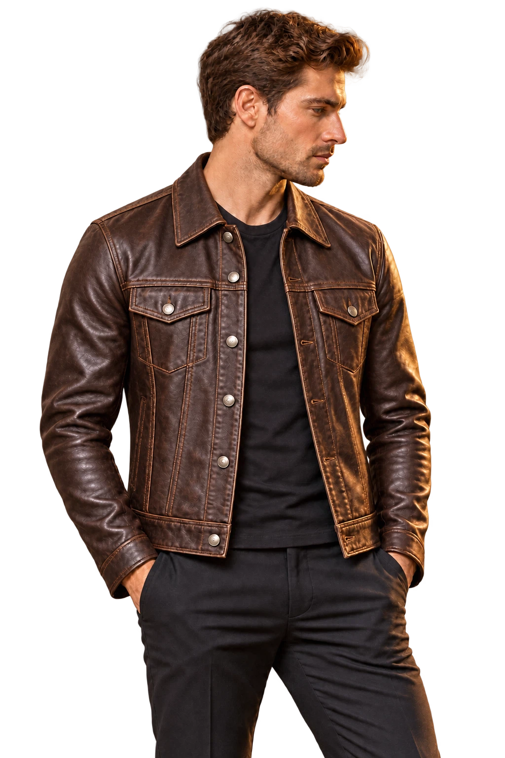 Man wearing leather trucker