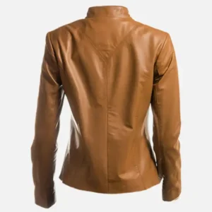 Alternative view of Women's Tan Plain Short Zipped Leather Jacket